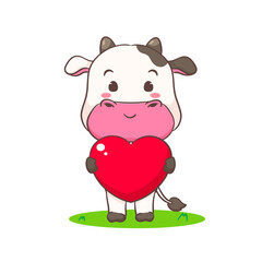 Cute cow holding love heart cartoon character. Adorable animal concept design. Isolated white background. Vector illustration