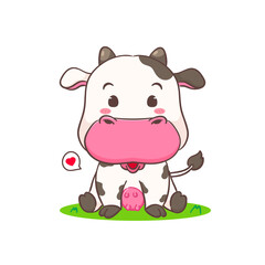 Cute cow sitting cartoon character. Adorable animal concept design. Isolated white background. Vector illustration