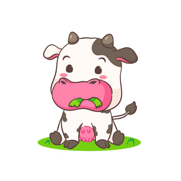 Cute cow eating grass cartoon character. Adorable animal concept design. Isolated white background. Vector illustration