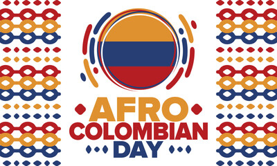 Afro-Colombian Day in Colombia. Celebrate annual in May 21. Freedom day poster. National holiday. Colombian flag. Afro-Colombian culture, history and heritage. Tradition pattern. Vector illustration