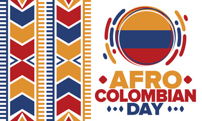 Afro-Colombian Day in Colombia. Celebrate annual in May 21. Freedom day poster. National holiday. Colombian flag. Afro-Colombian culture, history and heritage. Tradition pattern. Vector illustration