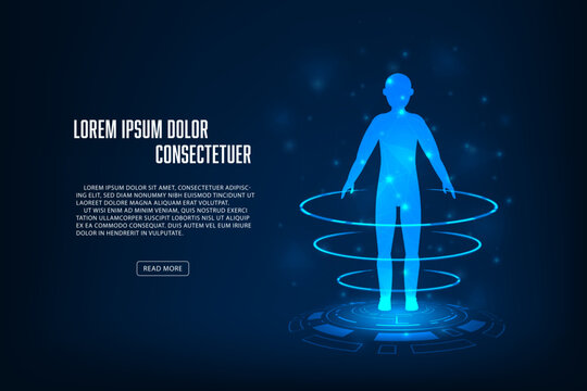  Vector human hologram with medical science concept. Technology graphic of MRI scan interface.