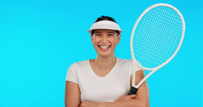 Face, tennis and funny woman with arms crossed in studio isolated on a blue background mockup. Portrait, racket sports and confident athlete from Brazil laughing for exercise, training or fitness.