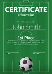 A vector illustration of a football certificate template with a ball on a green field background. Perfect for recognizing success, achievement, and appreciation in football. For award ceremonies