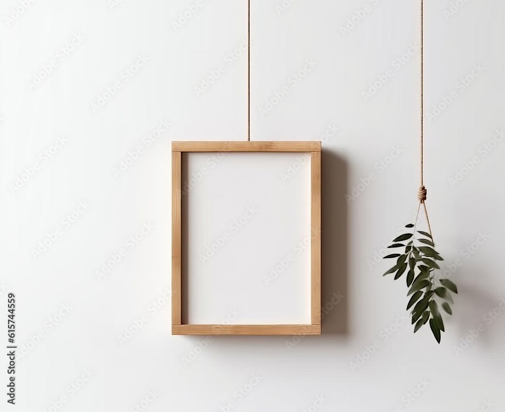 Wall mural Blank Wooden Picture Frame Mockup Hanging on Beige Wall Empty Poster Mockup for Art Display. Front View with Copy Space, Generative AI