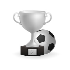 Realistic 3D of a shiny silver trophy on a black pedestal, with football ball symbolizing second place achievement. Perfect for sports illustrations, game design, and championship celebrations. 