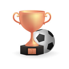 Realistic 3D of a shiny bronze trophy with football ball, symbolizing third place achievement. Perfect for sports illustrations, game design, and championship celebrations. 