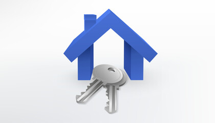 3D illustration of a blue house with realistic silver metal key. Perfect for real estate, property, and housing projects. Includes concepts of security, safety, and success