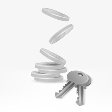 Realistic 3D vector image of a pile of silver coins with a house key in front. Perfect for real estate, property, and investment projects. Includes concepts of wealth, stability, and financial success