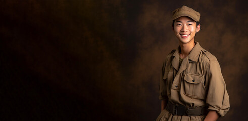 a smiling young men wearing army clothes in dark brown background generative ai