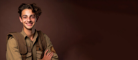 Obraz premium a smiling young men wearing army clothes in dark brown background generative ai