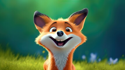 Fototapeta premium Cartoon fox 3d illustration for kids. Cute fairy print fox for clothes, stationery, books, merchandise. Toy red fox 3D character banner, background. Cartoon character 3d fox. Generative ai