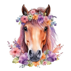cute horse with a flower, watercolor illustration. generative ai, 