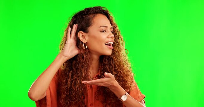 Girl, listen and hand by ear by green screen with face, question or doubt for gossip, story or news. Student woman, hearing or confused for secret, information and conversation by studio background