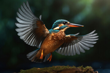 Common Kingfisher (Alcedo atthis) in flight. (AI generated)