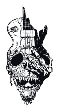 Electric Guitar And Skull Rock And Roll background. Illustration, Poster, Postcard, Vector , Tshirt, ceramic.  
  