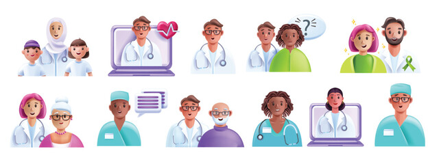 3D doctor patient icon set, medical vector clinic cartoon character, professional diverse team. Healthcare insurance therapy, online hospital service, muslim nurse woman. Doctor patient ambulance