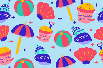 Colourful tropics Summer Seamless Pattern. Hand drawn doodle beauty beach summertime kids background wallpaper for fashion graphic print, textile, apparel, wrapping paper vector