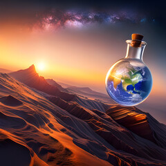 Beautiful world inside a corked glass bottle . Concept of protection, security, insurance. Digital illustration. CG Artwork Background