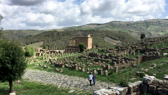 View of Roman ruins in the ancient city of Cuicul on a cloudy day. Djemila, Setif, Algeria