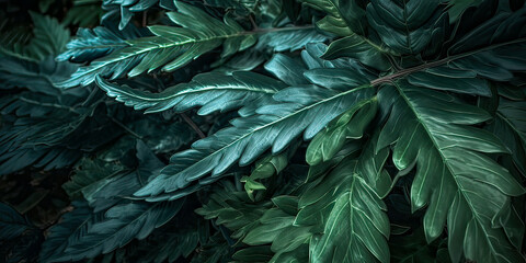 Closeup of branches evergreen trees leaf. Macro Shoot. Dark green branches.Nature forest background. wallpaper. leaf texture.Generative ai