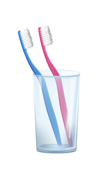 A realistic 3D vector image featuring a pair of toothbrushes in a glass cup. Set against a blank background, this dental hygiene concept promotes clean and healthy teeth. Ideal for dental care