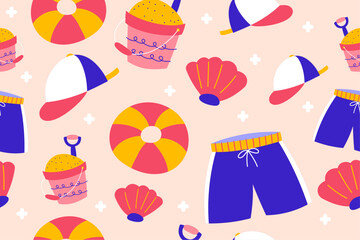 Colourful tropics Summer Seamless Pattern. Hand drawn doodle beauty beach summertime kids background wallpaper for fashion graphic print, textile, apparel, wrapping paper vector