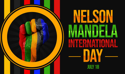 Nelson Mandela International Day background design with colorful shapes and painted fist. July 18 is celebrated as Nelson Mandela day, backdrop - obrazy, fototapety, plakaty