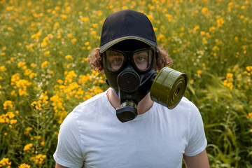 A young guy in a gas mask