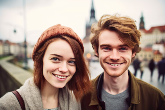 AI generated image of couple selfie in old town