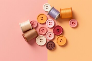 Colorful threads and buttons for sewing, on a solid color background.