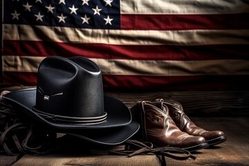 Composition of different typical cowboy items, with American flag on wooden floor and copy space. - obrazy, fototapety, plakaty