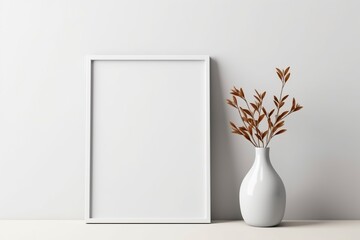 A blank frame with wooden edges, on a white chest of drawers in a minimalist room.Ai generated