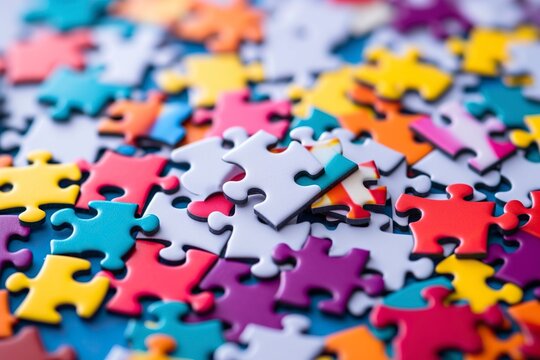 Colorful pieces of an unfinished puzzle, scattered on the table, a metaphor for complications and life challenges. Ai generated.