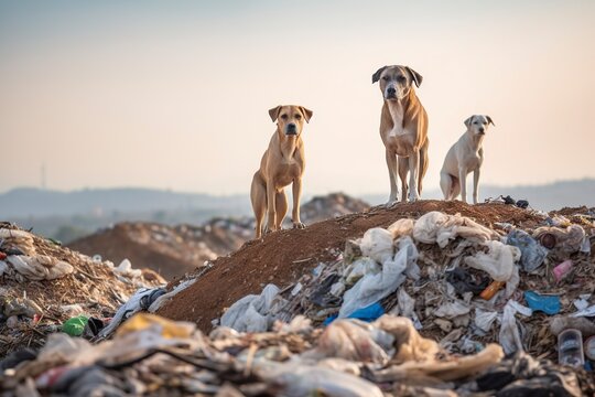 a group of stray dogs searches for food among the discarded waste in a dump, highlighting the plight of abandoned animals.