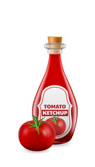 3D vector illustration of a realistic tomato and a bottle of flavorful ketchup. Fresh and juicy tomato and the glass bottle, perfect for backgrounds, menus, and packaging designs