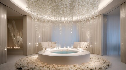 A luxurious spa retreat with a glass floral installation as the centerpiece, its intricate design and soft hues enhancing the atmosphere of relaxation and indulgence. Generative AI. 