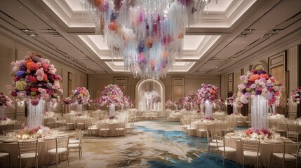 Title: A grand ballroom adorned with towering glass flower sculptures, each petal intricately shaped and colored, creating a magnificent and opulent ambiance. Generative AI. 