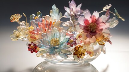 A stunning glass bouquet of delicate flowers, showcasing the artistry of the glasswork with intricate details and a mix of translucent and opaque textures. Generative AI. 