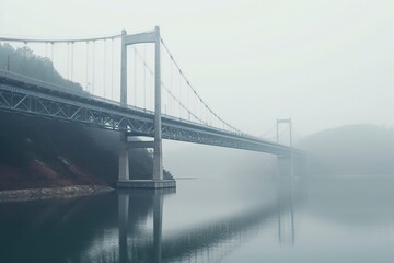 Fototapeta premium Hanging bridge for heavy traffic over a river, a foggy day. Ai generated.