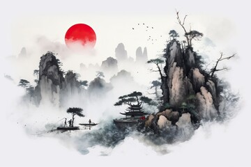 Japanese minimalist landscape with Chinese ink, artistic.