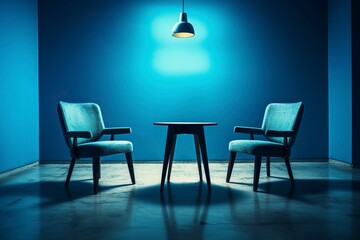 Interior of a room with low blue lighting, chair and table only. Ai generated.