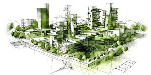 Fototapeta premium Sketch of the planning of a sustainable residential area. Ai generated.