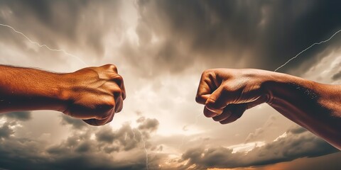 Two fists collide, embodying the intense struggle and unyielding tension of a battle