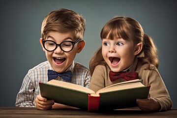 Two children enjoy reading their favorite books. - obrazy, fototapety, plakaty