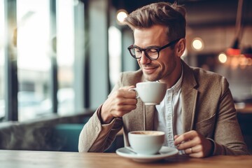 Young man takes a break in a cafeteria, and drinks a large cup of coffee.