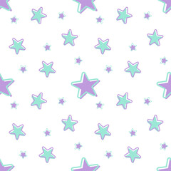 Obraz premium Vector. seamless pattern. pastel purple and green stars on white background for wrapping paper, scrapbook elements, fashion fabric texture, pajama textile design, wallpaper.