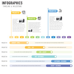 Gantt chart timeline infographic template or element with 6 project, step, process, option, colorful bar, flag, button, arrow, minimal style for sale slide, flowchart, planner, schedule, workflow, web