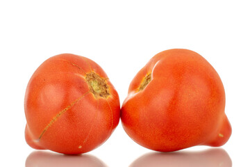 Two juicy red tomatoes, macro, isolated on white background.