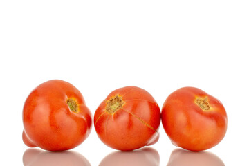 Three juicy red tomatoes, macro, isolated on white background.
